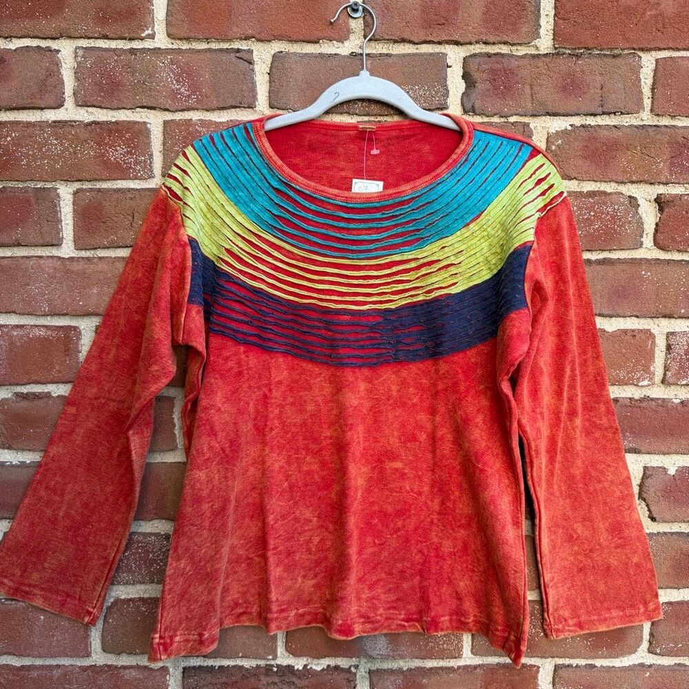 Handmade Stone Washed Distressed Long Sleeve T-Shirt Multicolor Small Medium NWT